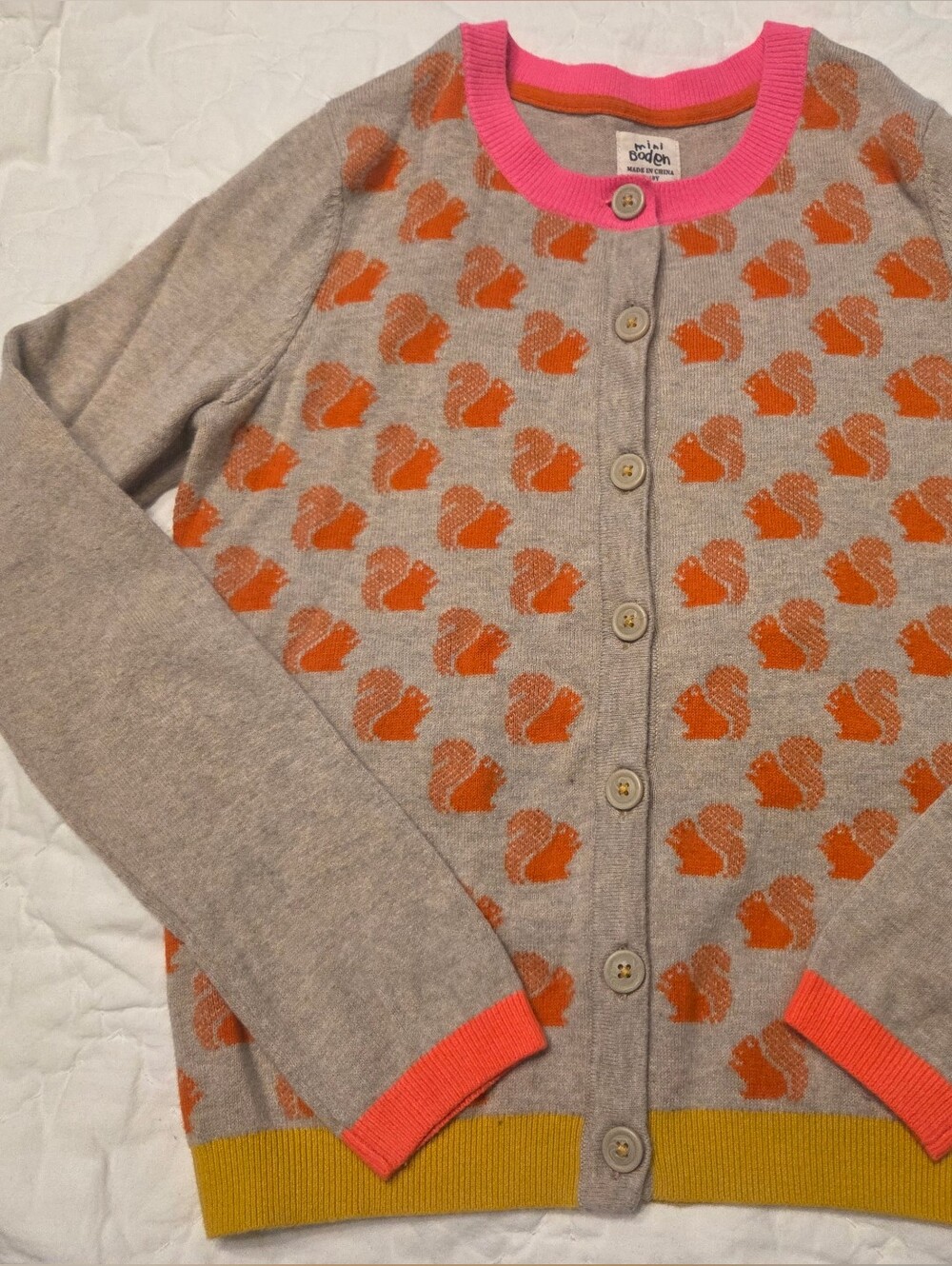 Mini Boden Cotton Cashmere Squirrel Cardigan Sweater Tan Pink Orange 9-10Y EUC